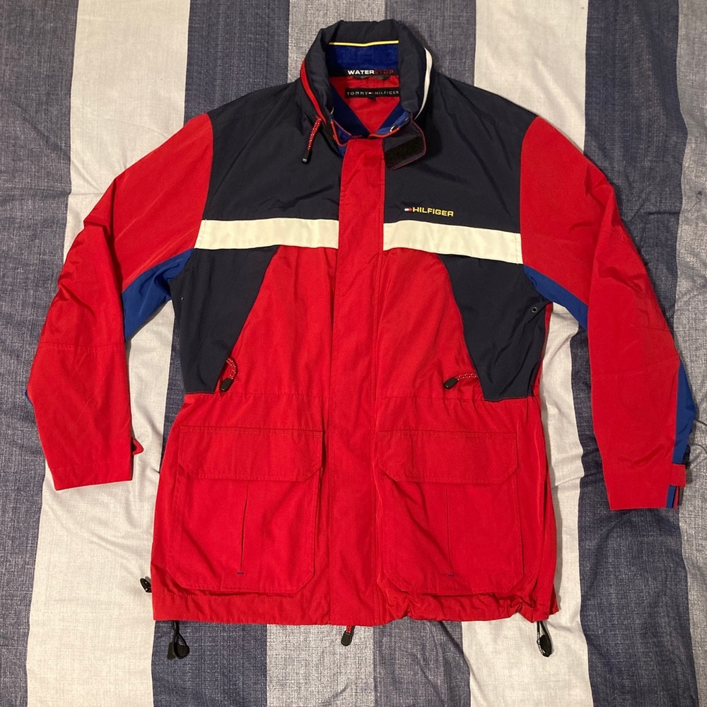 Vtg Tommy Hilfiger Mens Tech Jacket Sz L Hoodie Adjustable Red Blue Flag